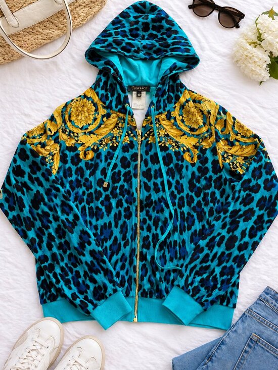 Versace Sweaters - Vintage Versace Velour Baroque Leopard Hoodie Jacket (Size 40 / M)
